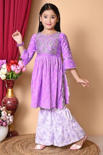 Image of Nfashion Kids Ethnic Wear Cotton Floral Printed Angrakha Kurta Sharara Set For Girls