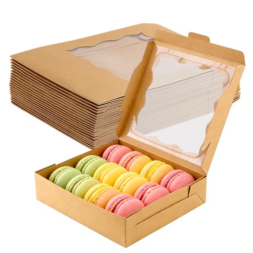 CHEUKYIU 20 Cajas para Tartas de Papel Kraft Marrón con Ventana Transparente 25,4x25,4x6,35 cm para Cupcakes, Magdalenas, Pasteles, Galletas, Postres, Navidad, Cumpleaños
