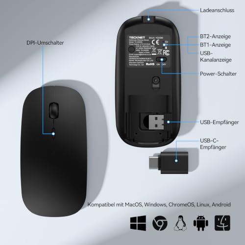 TECKNET Bluetooth Maus USB-C & USB-A, Slim Kabellose Maus mit 4 Tasten – Ansicht 7