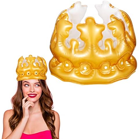 Kasyat Inflatable Golden Crown Carnival Costume Accessory Jubilee Hats Crown for Youth and Adults Queen Queen Princess King Birthday Fancy Dress Hen Party Decorations Swimming Pool Toy, Gold, White Cover