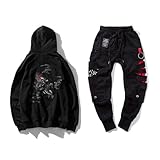 Niepce Inc Streetwear Men's Kirin Embroidered Graphic Hoodies and Ripped Punk Jogger Pants Set (Medium)