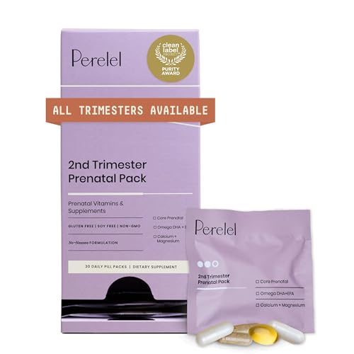 Perelel 2nd Trimester Prenatal Pack, Multivitamin with Magnesium, Omega 3, Iron & Calcium, Nutritional Support for Second Trimester Wellness, Soy & Gluten Free, Non GMO, 30 Daily Pill Packs