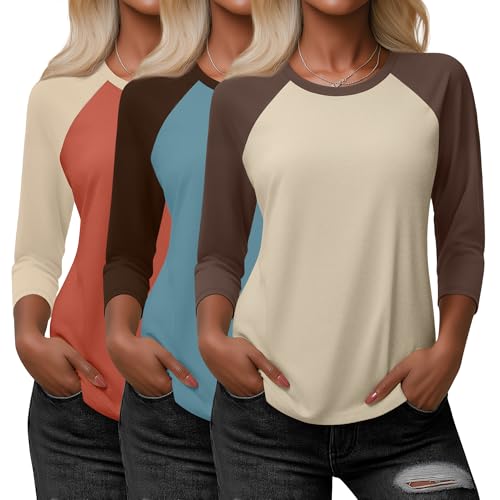 Huukeay 3 Pack Women's 3/4 Sleeve Raglan Shirts, Crew Neck Casual Baseball Tops Color Block Basic Jersey Tees(Orange/Apricot, Apricot/Light Coffee, Gray Blue/Coffee,Large)