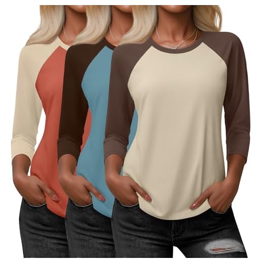 Huukeay 3 Pack Women's 3/4 Sleeve Raglan Shirts, Crew Neck Cotton Blend Casual Baseball Tops Color Block Basic Jersey Tees(Orange/Apricot, Apricot/Light Coffee, Gray Blue/Coffee,Medium)