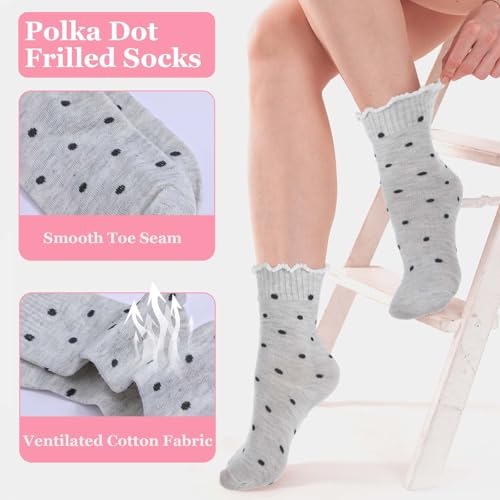 6 Pairs Women's Ruffle Socks, Breathable Ruffle Ankle Sock Soft Crew Socks Cute Polka Dot Cotton Sock for Women3