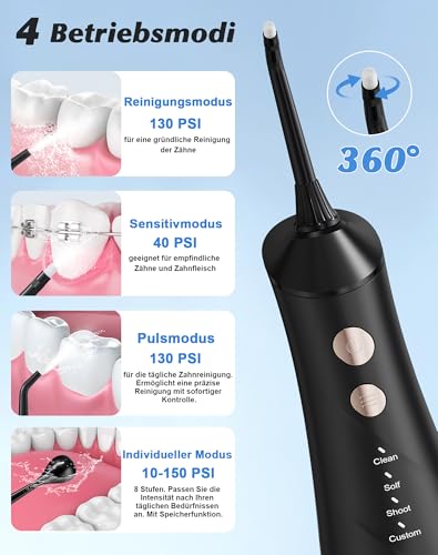 Munddusche Kabellos Elektrischer, 2025 Testsieger, 5 Jet-Tipps und 4 Modi, Smart-Display, Zahnpflege und Zahnreinigung Zwischenräume, Mundpflege, Großer Tank, IPX7 Wasserdicht, für Hause und Reisen