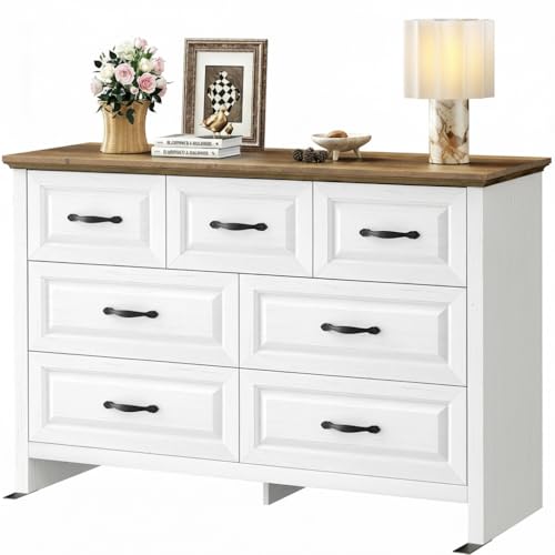 Marsail Farmhouse 7 Drawer Dresser, Wood Chest of Drawers with Natural Texture, Smooth Gliding Drawers, Versatile Storage Organizer Cabinet for Bedroom & Living Room, White and Brown