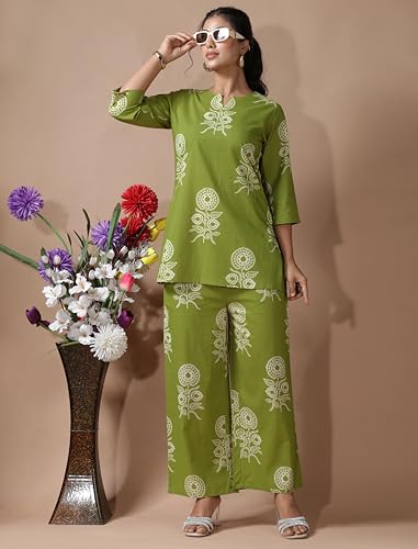 Image of Pinkmint Women's Pure Cotton Co Ord Set l Kurta Sets for Women |Kurta Sets| Printed Kurta with Pant l Stylish Pocket & 3 /4 Sleeve Women Co-ord Set (Avaiable in Plus size)