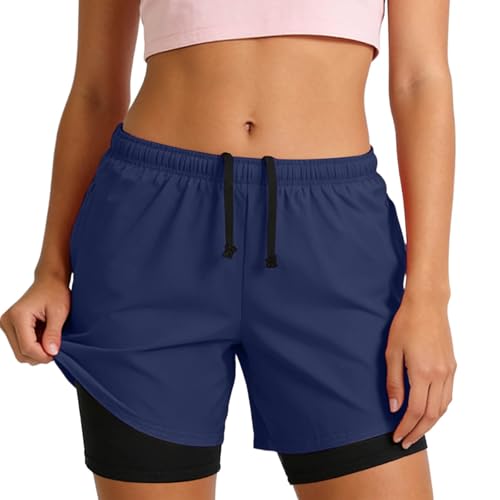 Pantalones Cortos Mujer Pantalones Cortos Deportivos Mujer con Forro Interior para Running Entrenamiento Yoga y Actividades Gimnasio (Navy, M)