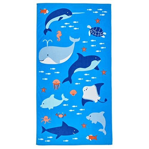 Sun Sprouts 100% Cotton Beach Towel Marine Life Pattern For Kids & Toddler. Bath, Pool, Camping, Travel Towel For Boys & Girls. 30” X 60” Quick-Dry & Super Absorbent Beach Blanket #TOP9