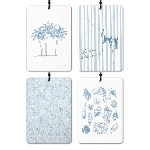 Image of Blue Coastal Beach Car Air Freshener 4 Pcs, Preppy Girly Beachy Seashell Starfish Palm Tree Hanging Air Freshener for Closet Drawer Books, Cute Summer Sea Car Accessories Mirror Decor for Women