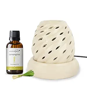 Aromahpure White Electric Ceramic Oval Design Diffuser 15 ml Fragrance Oil | Scented Diffuser Thai Lemongrass | Elegant Diffuser for Home, Mandir, Office, Desk Decoratives, Gifting