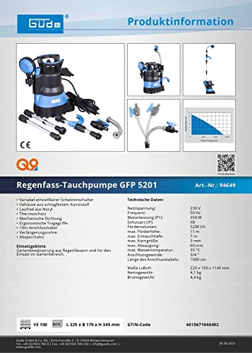 Güde Regenfass-Tauchpumpe GFP 5201 Effiziente Gartenbewässerung