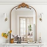 Suidia Arched Wall Mirror, Vintage Carved Bathroom Mirror 22' x 32' Gold Antique Metal Frame Wall Mirror for Bedroom, Living Room, Entryway