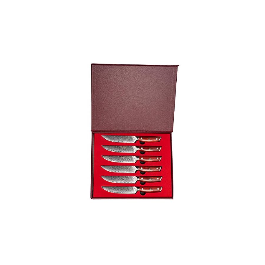 YARENH-Steak-Knives-Set-of-6-5-inch-High-Carbon-Damascus-Steel-Blade-67-Layers-Sharp-Non-Serrated-Edge-Natural-Wood-Handle-Ideal-for-Table-Dinners-and-Fruit-Pairing YARENH Steak Knives Set of 6-5-inch High Carbon Damascus Steel Blade, 67 Layers, Sharp Non-Serrated Edge, Natural Wood Handle - Ideal for Table Dinners and Fruit Pairing
