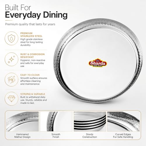 Image of Sharda Metals Stainless Steel Round Hammered Thali Plates | Elegant Mathar Dinner & Lunch Plates | Traditional Indian Serveware for Home & Kitchen, Dining Table, Festive & Diwali Gifting - Set of 6