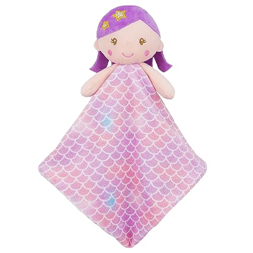 Image of June Garden Cozy Dream Fleece Baby Security Blanket - Infants Nursery Bed Blankets with Rattle - 15 x 15 inches Lovey - Soft Baby Doll Plush - Mermaid
