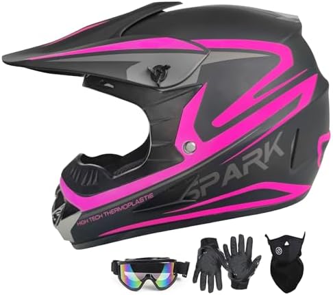Youth Adult Dirt Bike ATV Helmet Motocross Anti-Collision Full Face Motorcycle DOT Approved BMX Downhill Off-Road Mountain Bike Helmet with SUV Goggles Gloves Face Shield (Pink, Large)