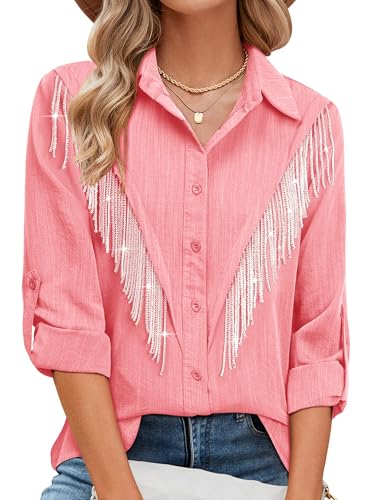 Image of MYMORE Womens Sparkly Fringe Shirt Western Cowgirl Country Concert Outfit