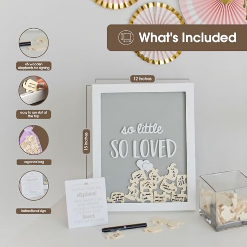 Image of Pearhead So Little So Loved Wooden Elephant Token Frame, Baby Shower Signature Guest Book Alternative with 65 Wooden Tokens, Gender-Neutral Nursery Keepsake Decor, Gray and White