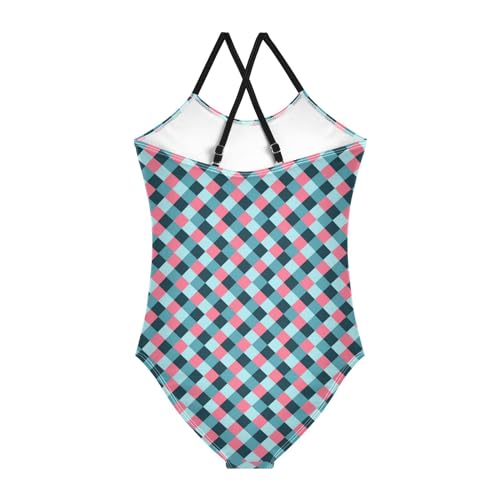 Image of Black and White Chess Girls One Piece Swimsuits Board Marble Tile Sport Halter Swimwear Beach Bathing Suit 3T