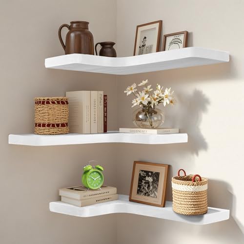 jubilander Floating Corner Shelves Set of 3 Solid Wood Picture Wall Shelf Floating Shelves for Storage for Bedroom Kitchen Bathroom Living Room (White)