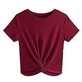 JINKESI Women's Summer Causal Short Sleeve Blouse Round Neck Crop Tops Twist Front Tee T-Shirt Wine Red-X-Large