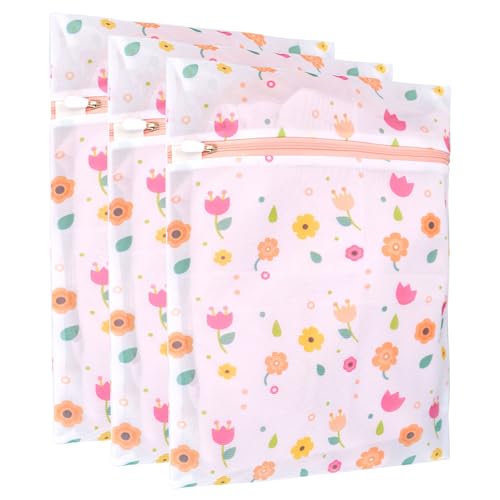 3Pcs Durable Mesh Laundry Bag, Durable Laundry Bags with Premium Zipper (Flower)