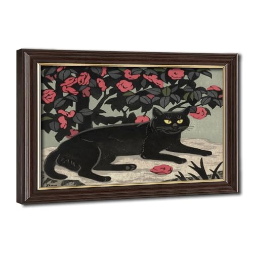 Toile chat et camélia par Inagaki Tomoo - Tableau suspendu zen 20x30