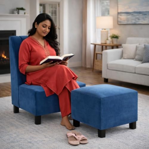 Image of Rosebell Sofa Set with Ottoman Combo One Seater Sofa Set with Matching Footrest for Living Room & Bedroom, Office - Blue