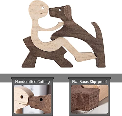 Jognee Handgefertigte Holzstatue, Welpen-Holzschnitz-Ornamente, herzerwärmendes Geschenk für Hundeliebhaber, Bastelfigur, Holz, kleine Dekorationen für Zuhause, Büro, Wohnzimmer (A – Männer + Hund)