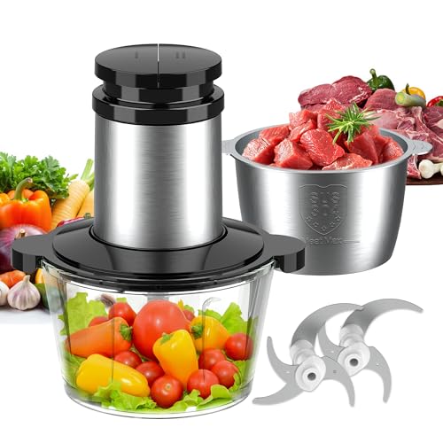 Becontrip Picadora Eléctrica de Alimentos 500W, 2 Velocidades + 2 Tazones (Vidrio 2L + Acero 2L), 4 Cuchillas Inoxidables - con Motor Cobre Tritura Mini Food Processor Para Carne/Hielo/Vegetales
