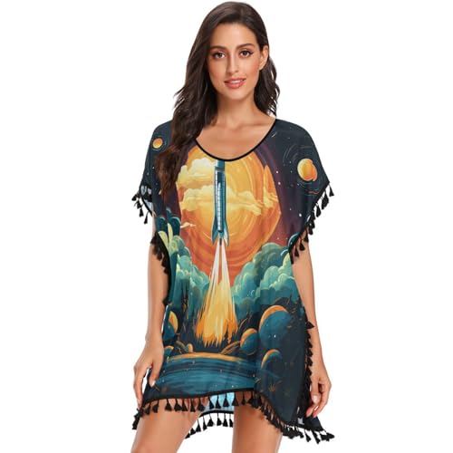 Watercolor Art Rocket Universe Stars Women's Beach Cover Up Chiffon Tassel Swimwear Swimsuit Coverups for Girl