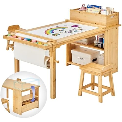 UNICOO Kids Art Table and Chair Set with Paper Roll Holder, Toddler Craft Table with Storage Shelves, Side Supply Tray, Removable Organizer Caddy and 2 Stools, Drawing Activity Desk for Ages 2-12