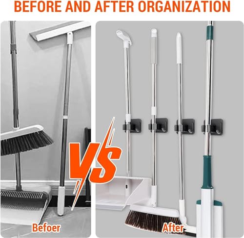 Image of Enclave Stainless Steel Mop and Broom Holder Wall Mounted Adhesive Storage Solutions for Broom mop etc, Garage Storage Systems Broom Organizer. (1 RACK 1 HOOK /BLACK, PACK OF 1)