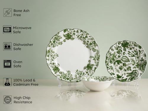 Image of Bodhi House Porcelain Dinner Set 6 Pieces - Green Leaf White Dinnerware Set | 2 Dinner Plates, 2 Quarter Plates, 2 Katori Bowls | Premium Crockery Set for Dining, Kitchen & Gifting