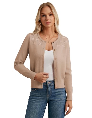 GRACE KARIN Women's Long Sleeve Knitted Cardigan Sweaters Crew Neck Button Up Fuzzy Flower Sweaters Fall Outfits2