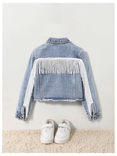 MakeMeChic Girl's Fringe Denim Jackets Long Sleeve Raw Trim Button Down Coat Outerwear2
