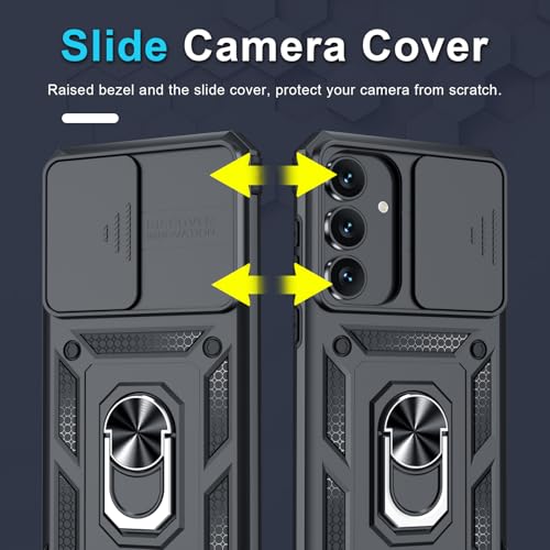 Image of Janmitta Compatible with Samsung Galaxy S25 FE Case Built in Slide Camera Lens Cover+Screen Protector+Finger Ring Holder Kickstand,Heavy Duty Shockproof Full Body Phone Cover,2025 Black