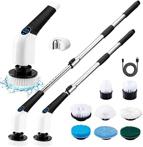 Electric Spin Scrubber, Cordless Cleaning Brush Power Shower Scrubber Long Handle Extendable Handheld Electric Scrubber for Bathroom Floor Tub Tile with 8 Replaceable Brush Heads & Hook