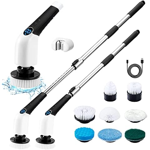 Electric Spin Scrubber, Cordless Cleaning Brush Power Shower Scrubber Long Handle Extendable Handheld Electric Scrubber for Bathroom Floor Tub Tile with 8 Replaceable Brush Heads & Hook Cover
