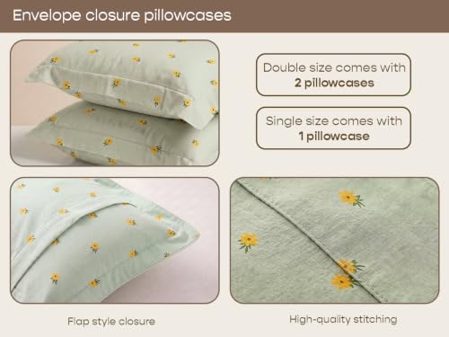 Image of SleepyCat 300 TC Cotton-Soft Microfiber Bedsheet with 2 Pillowcases|Wrinkle-Free|300 TC Plain Weave|No Creases, No Shrinkage|No Colour Fading|150 GSM|Mist Daisy|Fits Mattress Upto 8 Inches|Double