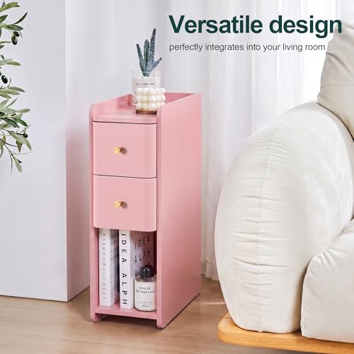 Image of FurSch Narrow Nightstand, Wooden 2 Drawer, Slim Side End Table, Pink, 1 pc