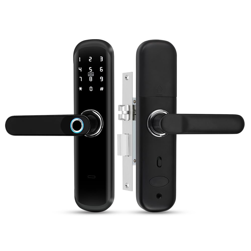 TUYA Serrure de porte intelligente avec poignée : authentification biométrique, mot de passe numérique, entrée sans clé à empreintes digitales, serrure à mortaise électronique Bluetooth