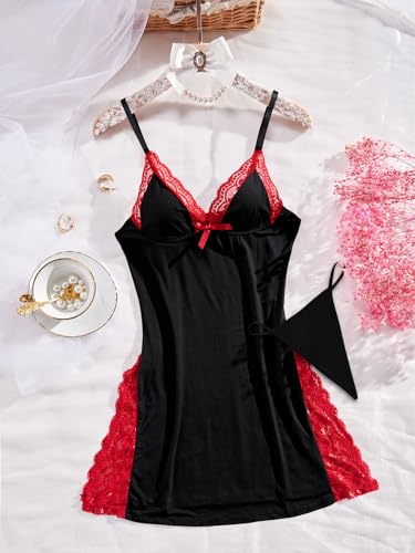 Image of Foxiny Sexy Split Side Floral Lace Trim Full Slip Night Gown Babydoll Lingerie Dress with Thong 2 piece