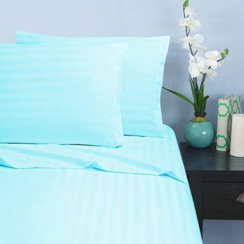 LUXURIOUS BEDDING 800-Thread-Count Egyptian Cotton Wrinkle Resistant 25" Deep Pocket 4 PC Sheet Set (1 Fitted + 1 Flat + 2 Pillow Cases) King Size Aqua Blue Striped