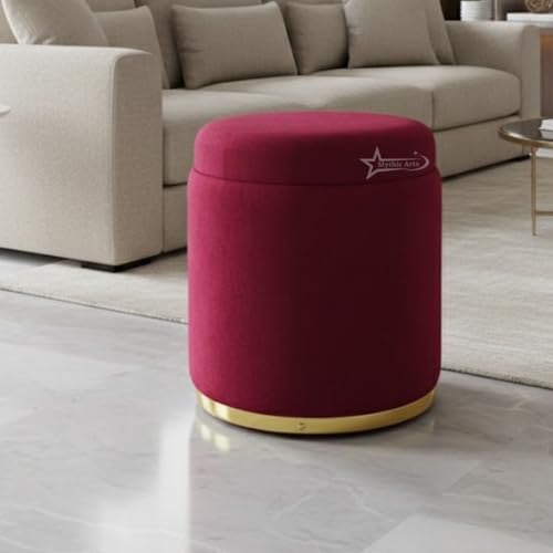 Image of Velvet Round Single Strip Ottoman Office Stool Foot Rest Stool Velvet Fabric Padded Seat Pouf Ottoman 16 X 16X 19 inch, in Round Shape for Living Room Maroon