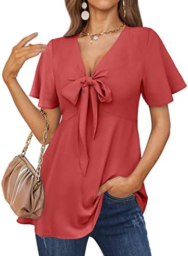 FAPPAREL Red Blouses for Women Elegant Ruffle Sleeve Shirts V Neck Summer Sexy Tops L