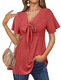FAPPAREL Red Blouses for Women Elegant Ruffle Sleeve Shirts V Neck Summer Sexy Tops L