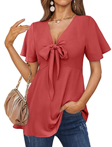 Fapparel Red Blouses For Women Elegant Ruffle Sleeve Shirts V Neck Summer Sexy Tops L #TOP5